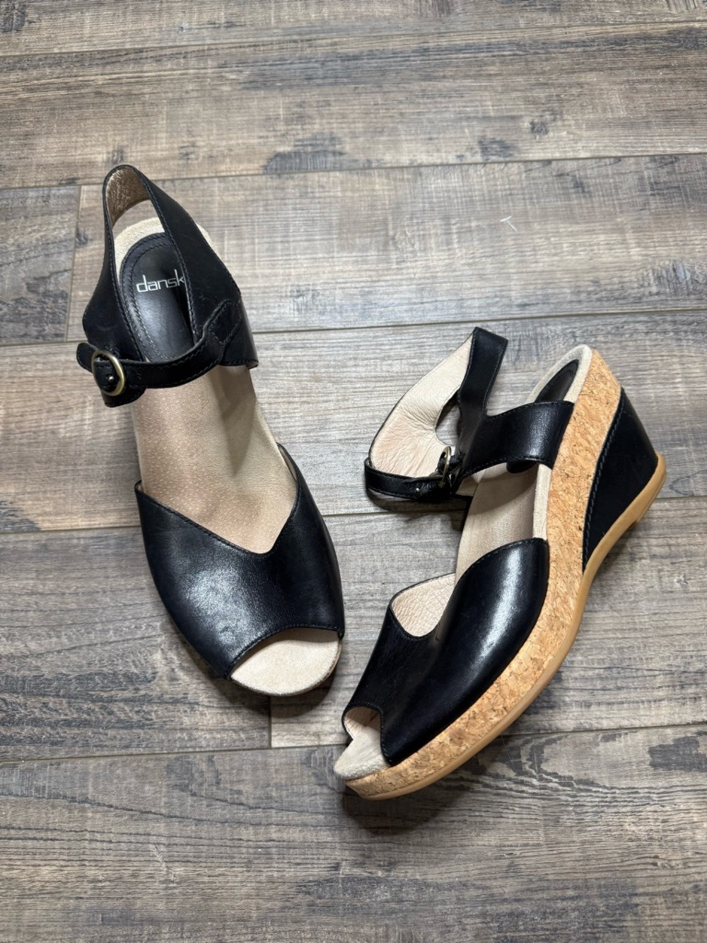 Dansko Charlotte Black Leather Wedge Sandals 
Ankle Strap Size 41 10.5-11